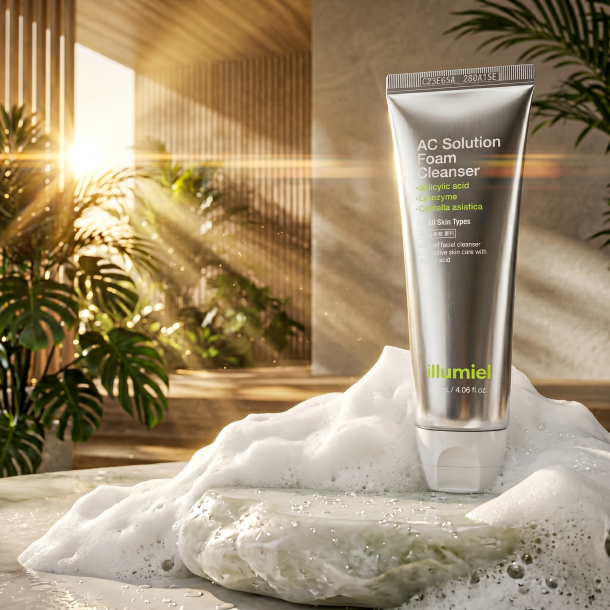 Luksus K-Beauty Illumiel Foam Cleanser udstillet p� poleret hvid jade i et lyst, solrigt spa-studie med fl�jlsbl�dt skum.