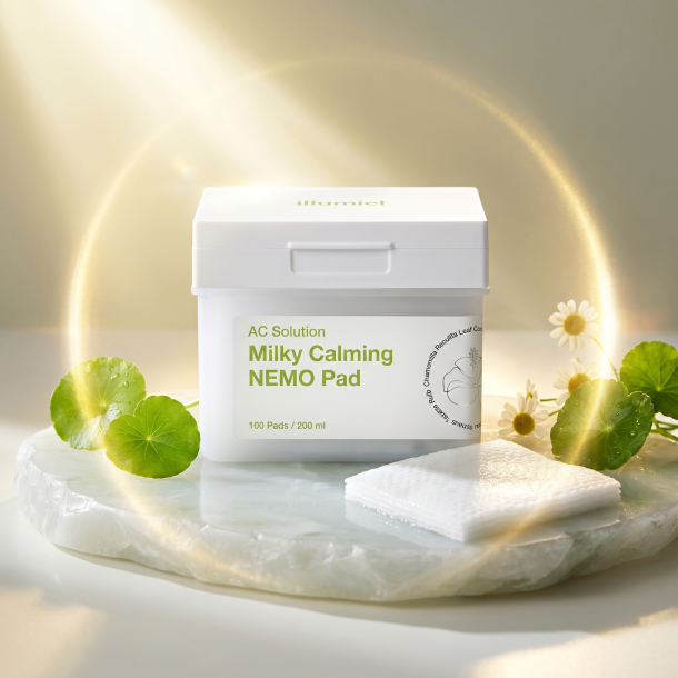 Luksus K-Beauty Illumiel Milky Calming NEMO Pad boks udstillet i et lyst, solrigt spa-studie med m�lkehvid ampoullev�ske.