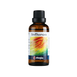 Allergica Influron 50 ml flaske med hvidt m�rkat og lysebl�/gr�nne detaljer. Dansk h�ndpotenseret hom�opati.