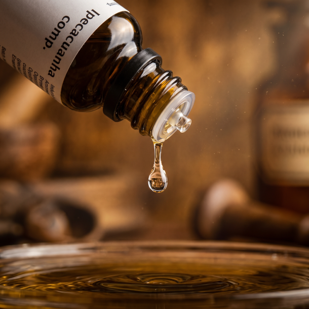 Et �stetisk n�rbillede af en enkelt glasklar dr�be, der falder direkte fra dr�bet�lleren p� en m�rkebrun glasflaske ned mod en gylden v�ske. Baggrunden er badet i varme, antikke rav-farver og bl�dt lys, der symboliserer renhed og klassisk naturmedicin.