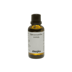 En klassisk m�rkebrun apoteker-glasflaske fra det danske m�rke Allergica. Flasken indeholder 50 ml hom�opatiske Ipecacuanha comp. dr�ber. Den hvide etiket har en ren, minimalistisk tekst med navnet og m�rkets logo.