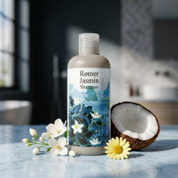 R�mer Jasmin Shampoo pr�senteret p� lysebl�t marmor, omgivet af en frisk jasminblomst, kamille og kokos i et elegant og rent badev�relsesmilj�.
