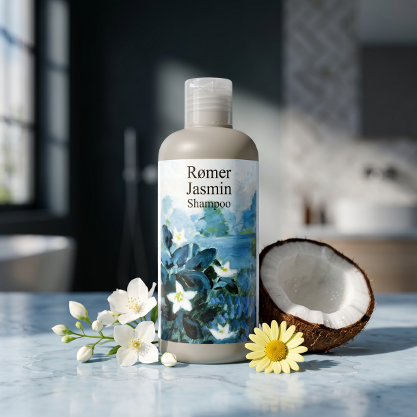 R�mer Jasmin Shampoo pr�senteret p� lysebl�t marmor, omgivet af en frisk jasminblomst, kamille og kokos i et elegant og rent badev�relsesmilj�.