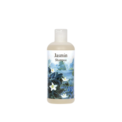R�mer Jasmin Shampoo 250 ml. Gennemsigtig flaske med et smukt, impressionistisk maleri af hvide jasminblomster p� en bl� baggrund.