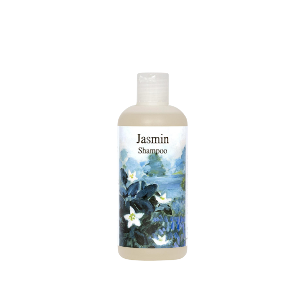 R�mer Jasmin Shampoo 250 ml. Gennemsigtig flaske med et smukt, impressionistisk maleri af hvide jasminblomster p� en bl� baggrund.
