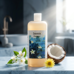 Den store 500ml R�mer Jasmin Shampoo pr�senteret p� lysebl�t marmor, omgivet af en frisk jasminblomst, kamille og kokos i et elegant badev�relsesmilj�.