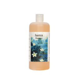 R�mer Jasmin Shampoo 500 ml. Stor gennemsigtig flaske med et impressionistisk maleri af hvide jasminblomster.