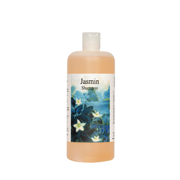 R�mer Jasmin Shampoo 500 ml. Stor gennemsigtig flaske med et impressionistisk maleri af hvide jasminblomster.