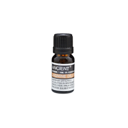 En lille m�rk ravfarvet glasflaske med sort skruel�g indeholdende 10 ml �terisk olie. Etiketten siger 'Ancient Wisdom, Jasmine Dilute, 5% Dilution in Grapeseed Oil, Origin India'.