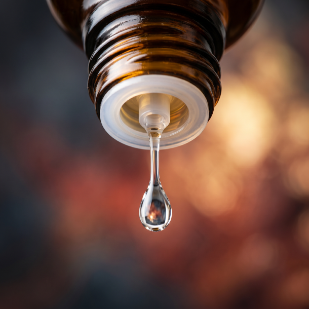 Et krystalklart makrobillede af en vanddr�be, der falder fra den indbyggede dr�bet�ller p� en m�rk ravfarvet glasflaske. Den bl�dt sl�rede baggrund kombinerer dybe, jordbundne kulfarver (Carbo) med varme, str�lende, rust-r�de jernnuancer (Ferrum) og lyse glimt af gylden kobber (Cuprum). Lyset er ekstremt klart, energigivende, og udstr�ler absolut indre vitalitet, kropsligt overskud og hom�opatisk pr�cision.