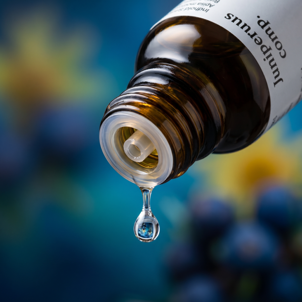 Et krystalklart makrobillede af en vanddr�be, der falder fra den indbyggede dr�bet�ller p� en m�rk ravfarvet glasflaske. Den bl�dt sl�rede baggrund kombinerer dybe, friske akvatiske bl� nuancer med botaniske strejf af m�rk eneb�r-bl� og bl�d gylden Arnica. Lyset er ekstremt klart, rensende og udstr�ler absolut flow i v�skesystemet, kropslig lethed og hom�opatisk pr�cision.