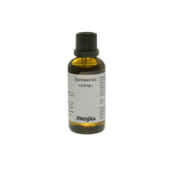 Allergica Juniperus comp. 50 ml flaske med hvidt m�rkat og lysegr�nne detaljer. Dansk h�ndpotenseret hom�opati.