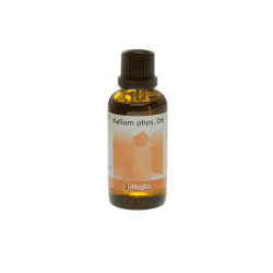 Allergica Kalium phos. D6 50 ml flaske med hvidt m�rkat og lysebl� detaljer. Dansk h�ndpotenseret hom�opati og cellesalt nr. 5.