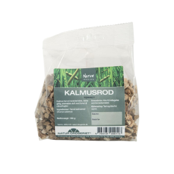 Natur-Drogeriet Kalmusrod 100 g gennemsigtig pose med t�rrede sk�rne r�dder og m�rkegr� produktbj�lke hos Helseservice.