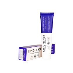 Kingfisher Fennikel Tandpasta uden fluor 100 ml. En st�ende m�rkebl� tandpastatube foran dens matchende emballage, der signalerer en fluorfri og naturlig lakrids/fennikel-smag.