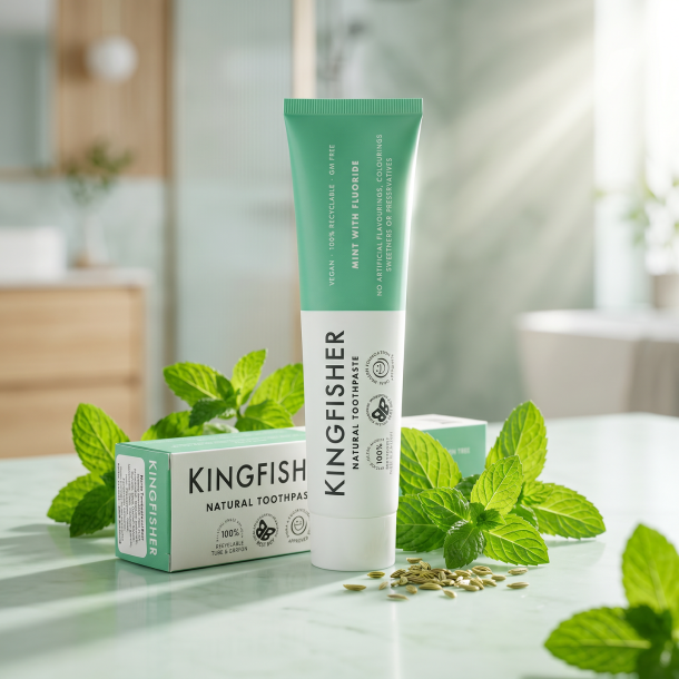 Kingfisher Mint tandpasta tube pr�senteret p� lyst mintgr�nt marmor, ledsaget af friske pebermynteblade i et eksklusivt, lyst badev�relsesmilj�.