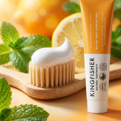 Et krystalklart makrobillede af en perfekt svungen klat kridhvid natron-tandpasta placeret sirligt p� b�rstehovedet af en elegant bambus-tandb�rste, lige ved siden af den realistiske, orange og hvide Kingfisher tandpastatube (helt uden pipetter, dr�bet�llere eller vanddr�ber). Den bl�dt sl�rede baggrund kombinerer friske, solrige orange/gule nuancer med diskrete hints af dugv�de gr�nne mynteblade og en skive frisk citron, som diskret og elegant repr�senterer den opkvikkende og rene smagsprofil. Lyset er dynamisk, lyst og morgensol-indbydende, hvilket fremh�ver total botanisk renhed. Knivskarpt fokus.