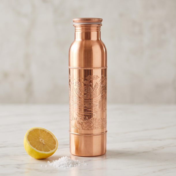 N�rbillede af den blanke og gyldne kobberflaske, der st�r elegant p� en glat, lys marmorplade i sollys. En oversk�ret citron og lidt groft salt ligger dekorativt ved siden af.