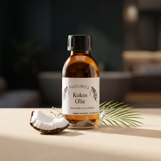 R�mer kokosolie i ravfarvet glasflaske anrettet p� lys sandsten med et friskt stykke kokosn�d og palmeblade i et lyst, eksklusivt spa-milj�.