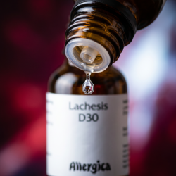 Et krystalklart makrobillede af en vanddr�be, der falder fra den indbyggede dr�bet�ller p� en m�rk ravfarvet glasflaske. Den bl�dt sl�rede baggrund kombinerer intense, dybe bordeaux og transformerende rubinr�de nuancer med lyse, k�lende og forl�sende glimt. Lyset er ekstremt klart, balancerende, og udstr�ler absolut frig�relse af indre tryk, dynamisk flow og hom�opatisk pr�cision.