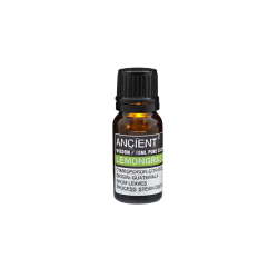 En lille m�rk ravfarvet glasflaske med sort skruel�g indeholdende 10 ml �terisk olie. Etiketten siger 'Ancient Wisdom, Lemongrass, Cymbopogon Citratus, Origin Guatemala'.