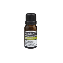 En lille m�rk ravfarvet glasflaske med sort skruel�g indeholdende 10 ml ren �terisk citronolie. Etiketten siger 'Ancient Wisdom, Lemon, Citrus Limon, Origin Italy'.
