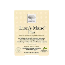 Den lyse, naturfarvede �ske fra New Nordic med teksten Lion's Mane Plus. Forsiden fremh�ver svampen, fyrrebarken og B-vitaminer med tydelig tekst om, at jod bidrager til normale kognitive funktioner, hukommelse og opm�rksomhed.