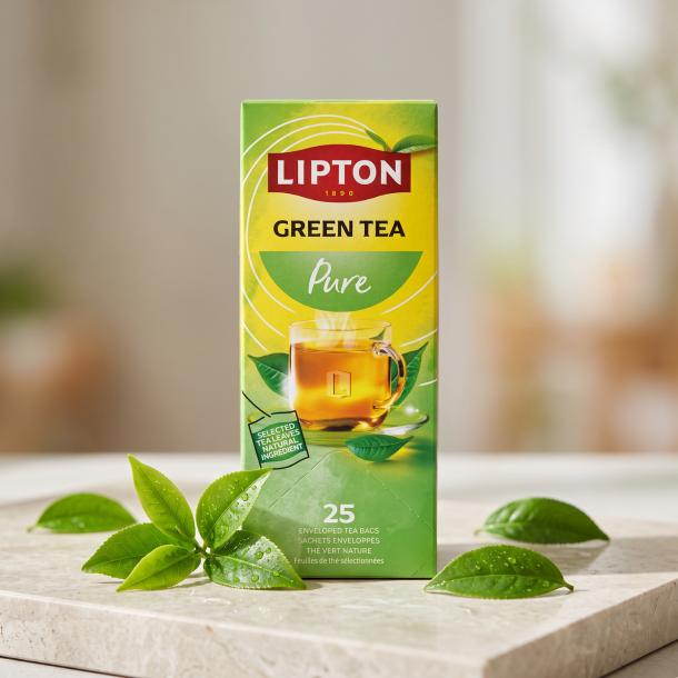 N�rbillede af den h�jformatede, lysegr�nne Lipton te�ske st�ende skarpt p� en lys stenoverflade. Friske, dugv�de, gr�nne teblade er smukt spredt foran �sken i et rent og klart dagslys.