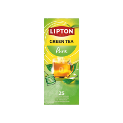 Opretst�ende Lipton Green Tea Pure �ske i h�jformat. Designet er lysegr�nt med et gult midterfelt, og fremviser et glas med varm, gylden gr�n te, omgivet af friske, gr�nne teblade.