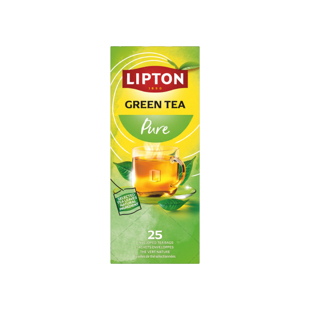 Opretst�ende Lipton Green Tea Pure �ske i h�jformat. Designet er lysegr�nt med et gult midterfelt, og fremviser et glas med varm, gylden gr�n te, omgivet af friske, gr�nne teblade.