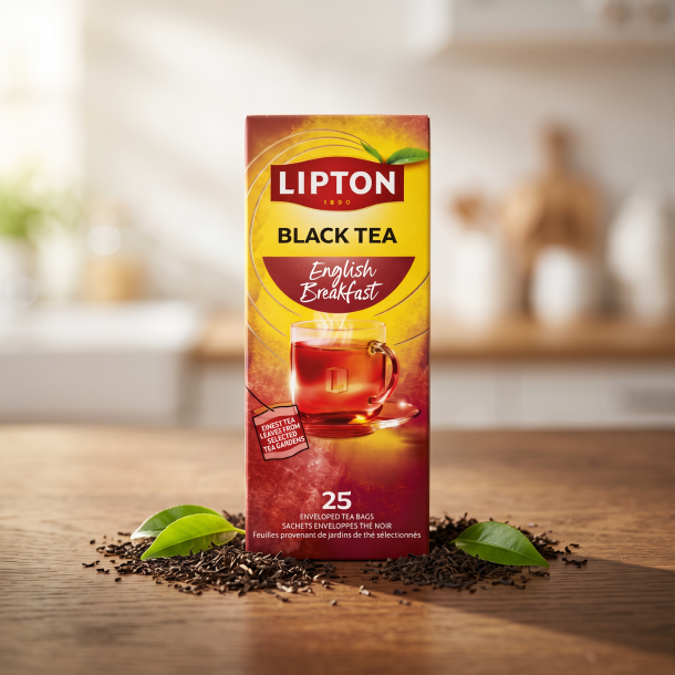 N�rbillede af den h�jformatede, bordeaux og gule Lipton te�ske st�ende skarpt p� et m�rkt, rustikt egetr�sbord. Lidt l�se sorte teblade og et par friske, gr�nne blade ligger foran �sken i et bl�dt morgenlys.