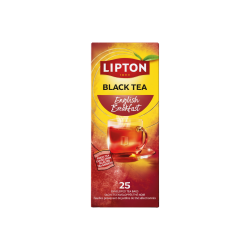 Opretst�ende Lipton Black Tea English Breakfast �ske i h�jformat. Designet har gule og dybe r�de farver, som smukt indrammer et gennemsigtigt krus med dampende varm m�rk te i midten.