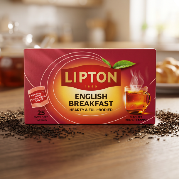 N�rbillede af den bordeaux Lipton te�ske, der st�r skarpt p� et m�rkt egetr�sbord. Sm�, fine sorte teblade ligger spredt dekorativt ved siden af �sken i et bl�dt, gyldent morgenlys.