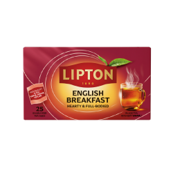 Lipton English Breakfast Te. En elegant dyb bordeauxr�d �ske med et gult midterparti, Lipton logoet og billedet af et glas varm, m�rk te.