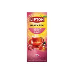 Opretst�ende Lipton Black Tea Forest Fruits �ske i h�jformat. Designet har pink og gule nuancer, der indrammer et glas m�rk te, et modent jordb�r, et hindb�r og et bromb�r.