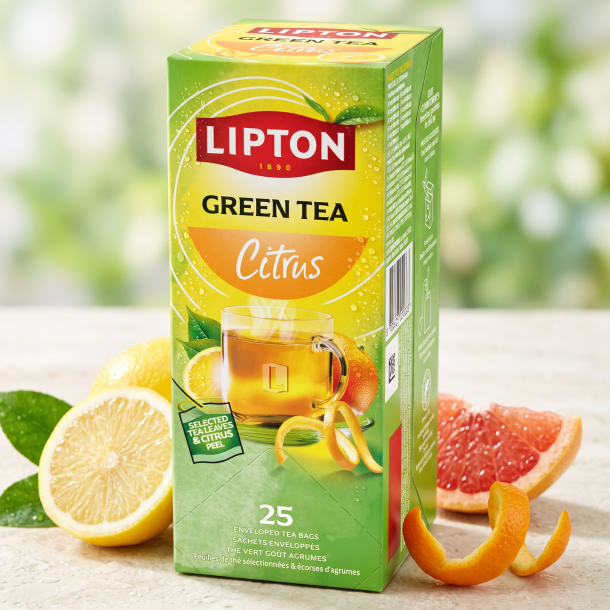 N�rbillede af den h�jformatede, lysegr�nne og gule Lipton te�ske st�ende skarpt p� en lys stenoverflade. Friske skiver af citron og grapefrugt samt en snoet citrusskr�l ligger smukt spredt foran i dagslys.