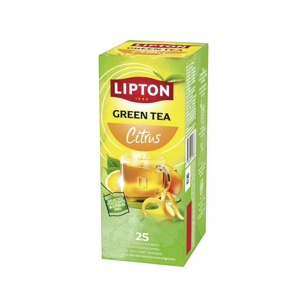 Opretst�ende Lipton Green Tea Citrus �ske. Designet er lysegr�nt og gult og fremviser et glas med varm gr�n te omgivet af en appelsin, en citronskive og snoet citrusskr�l.
