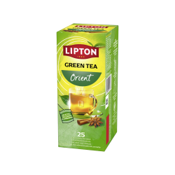 Opretst�ende Lipton Green Tea Orient �ske. Designet er lysegr�nt og gult og fremviser et glas med varm gr�n te, smukt omgivet af kanelst�nger og stjerneanis.