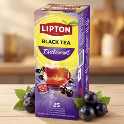 N�rbillede af den h�jformatede, lilla og gule Lipton te�ske st�ende skarpt p� en lys overflade. Et par store, dugv�de og m�rke solb�r ligger smukt spredt foran �sken i et bl�dt aftenlys.