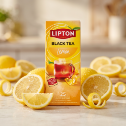 N�rbillede af den h�jformatede, gyldne og orange Lipton te�ske st�ende skarpt p� en lys overflade. Tykke, dugfriske citronskiver og en spiral af citronskr�l ligger smukt spredt foran i et varmt eftermiddagslys.