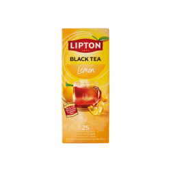 Opretst�ende Lipton Black Tea Lemon �ske i h�jformat. Designet har gule og orange farver med et klart tekrus i midten omgivet af en hel citron og en spiral af citronskr�l.