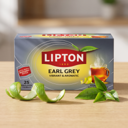 N�rbillede af den gr�bl� Lipton te�ske, der st�r skarpt p� en lys overflade af ahorntr�, dekoreret diskret med en friskt snoet, gr�n citrusskr�l og et par friske, gr�nne teblade badet i varmt, naturligt sollys.