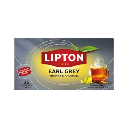 Lipton Rich Earl Grey Te. En elegant gr�bl� �ske med gul midte og det r�de Lipton logo, dekoreret med friske gr�nne teblade og snoet, lysegr�n bergamotteskr�l.