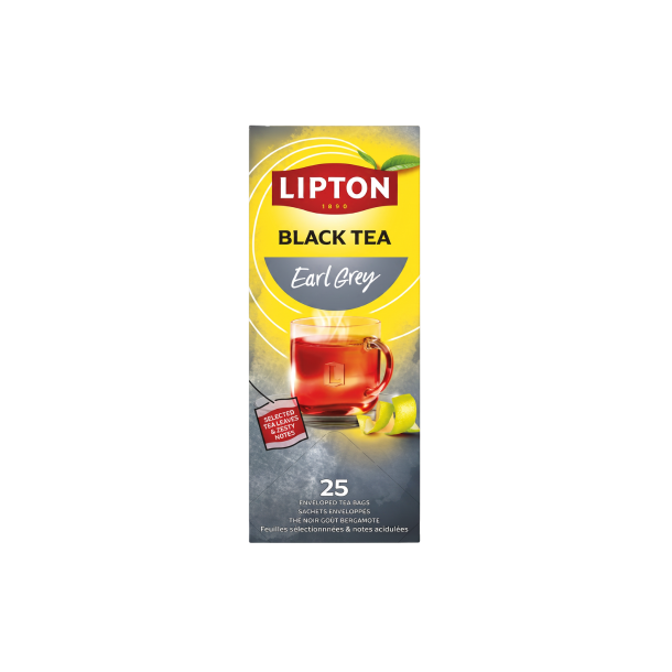 Opretst�ende Lipton Black Tea Earl Grey �ske i h�jformat. Den �verste del er gul, bunden er m�rkegr�, og et klart tekrus med varm sort te st�r i midten flankeret af gr�n citrusskr�l.