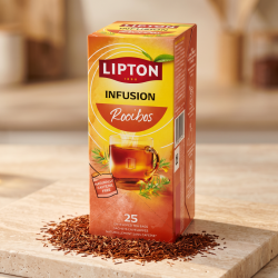 N�rbillede af den h�jformatede, orange Lipton Rooibos te�ske st�ende skarpt p� en lys stenoverflade. T�rrede, r�dlige rooibos-n�le ligger smukt spredt foran �sken badet i et bl�dt aftenlys