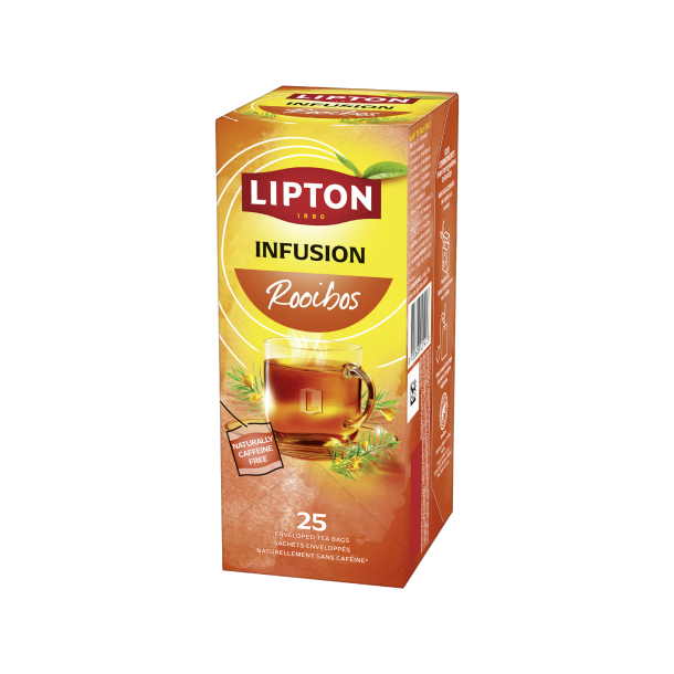 Opretst�ende Lipton Infusion Rooibos �ske i h�jformat. Designet er i varme orange og kobber nuancer med et klart glas varm r�dlig te, omgivet af gr�nne rooibos-n�le.