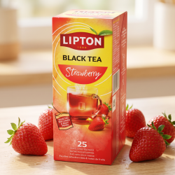 N�rbillede af den h�jformatede, pink/r�de Lipton te�ske st�ende skarpt p� en lys overflade. Et par store, dugv�de og friske jordb�r ligger smukt spredt foran �sken i et klart sommerlys.