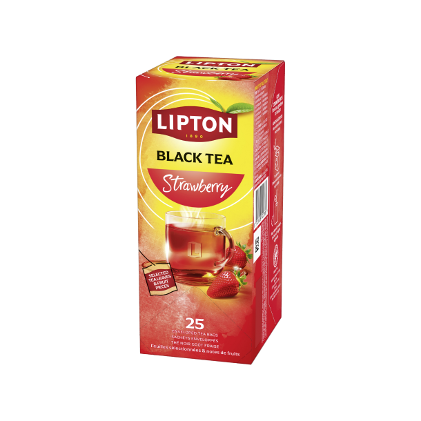 Opretst�ende Lipton Black Tea Strawberry �ske i h�jformat. Designet er lyser�dt og r�dt, og fremviser et klart krus med varm m�rk te ved siden af et stort, friskt og modent jordb�r.