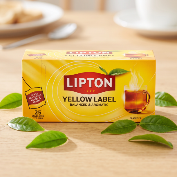 N�rbillede af den ikoniske gule Lipton te�ske, der st�r skarpt p� et lyst morgenbord, dekoreret diskret med et par friske, gr�nne teblade badet i varmt, naturligt sollys.