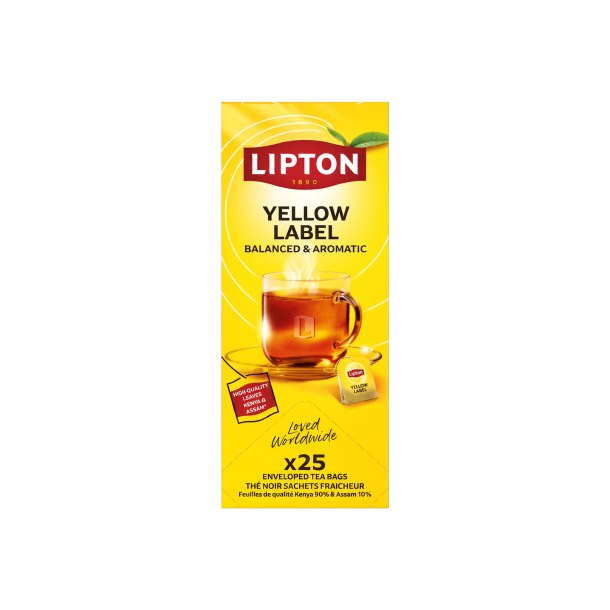 Lipton sort te 25 breve i specialudgaven Loved Worldwide. Den gule emballage fremviser et glas med varm te og fremh�ver ingredienserne fra Kenya og Assam.